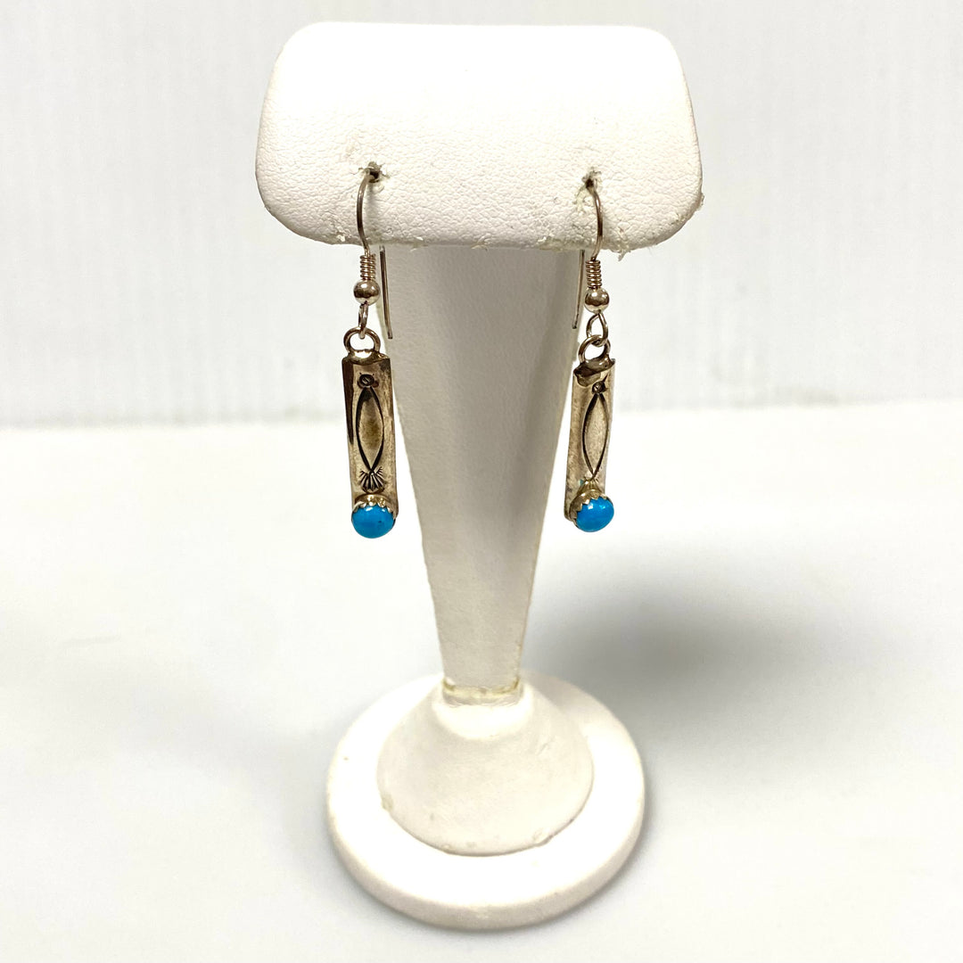 u965 Vintage Sterling Silver Blue Turquoise Long Dangle Earrings