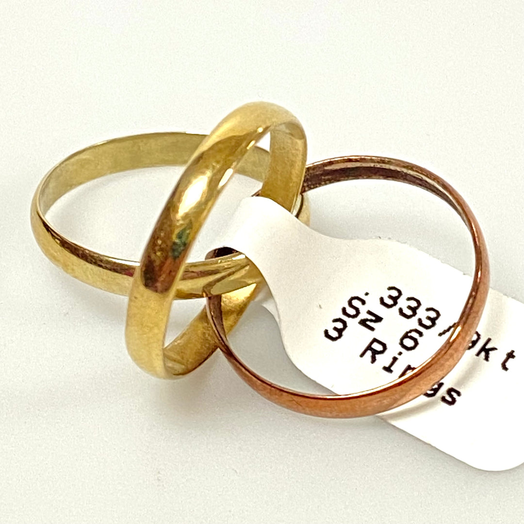 u970 Vintage .333/9k Yellow Rose Gold 2.5mm 3 Mixed Bands Ring Size 6