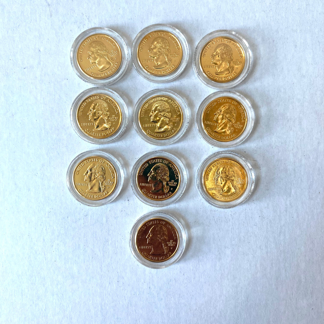 u979 PCS Holographic 10pc Gold-Plated US State Quarters with Wooden Display Box