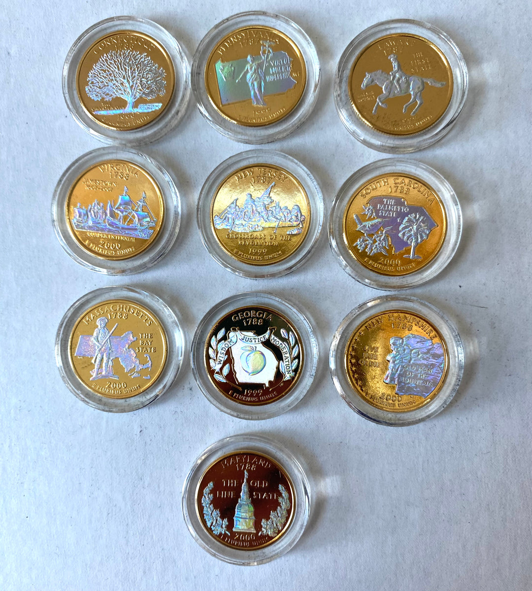 u979 PCS Holographic 10pc Gold-Plated US State Quarters with Wooden Display Box