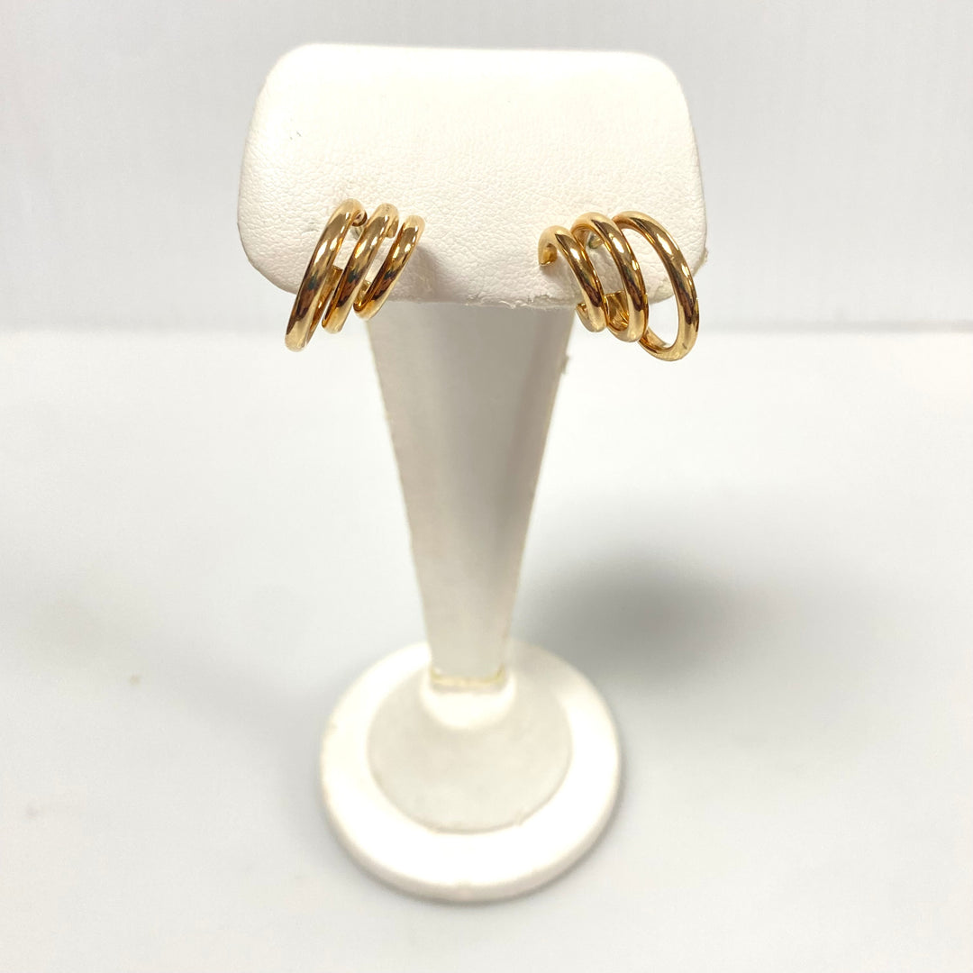 v001 Vintage Classic 14K Yellow Gold Fancy 3 Tier Hoop Earrings