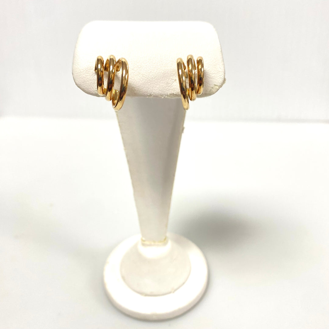 v001 Vintage Classic 14K Yellow Gold Fancy 3 Tier Hoop Earrings
