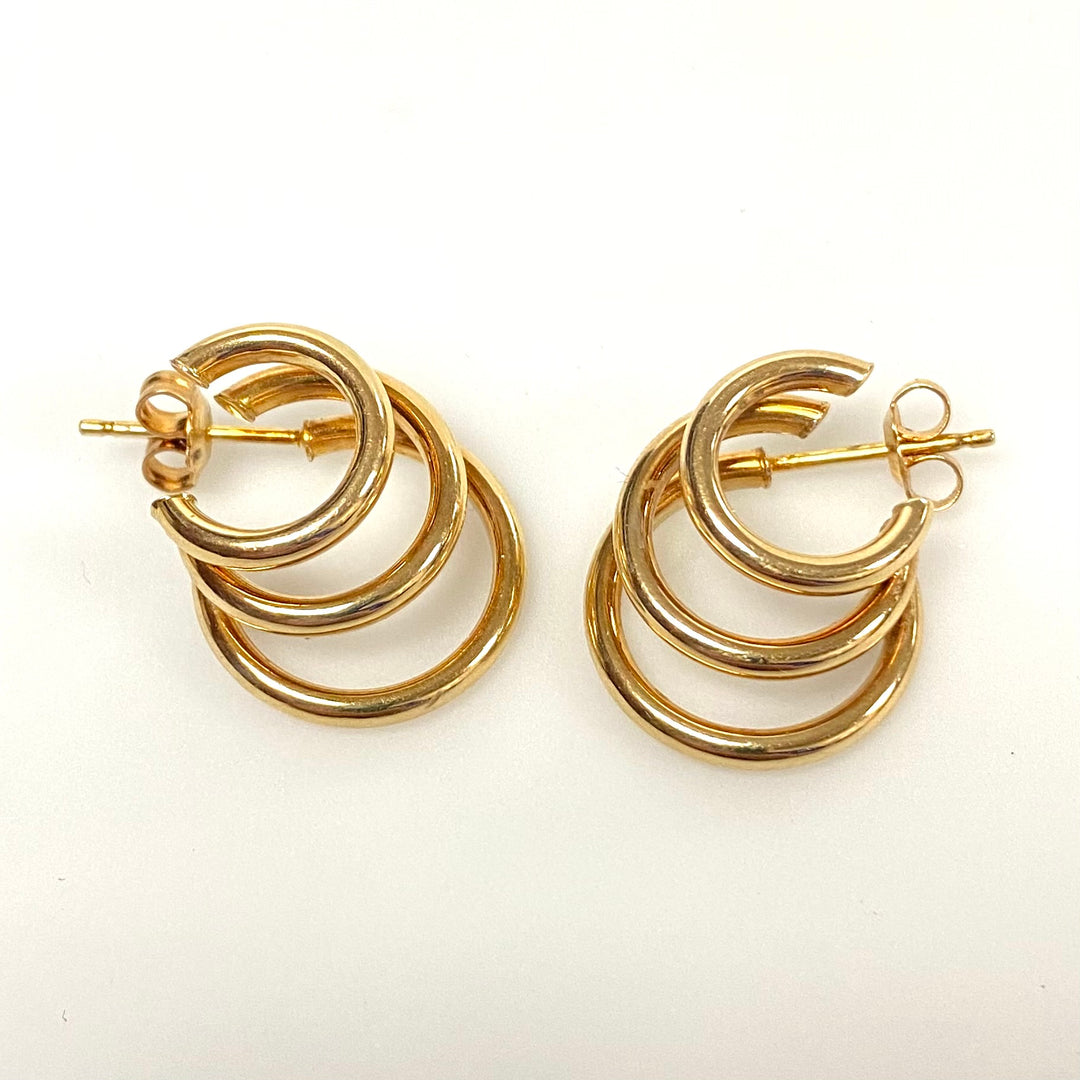 v001 Vintage Classic 14K Yellow Gold Fancy 3 Tier Hoop Earrings