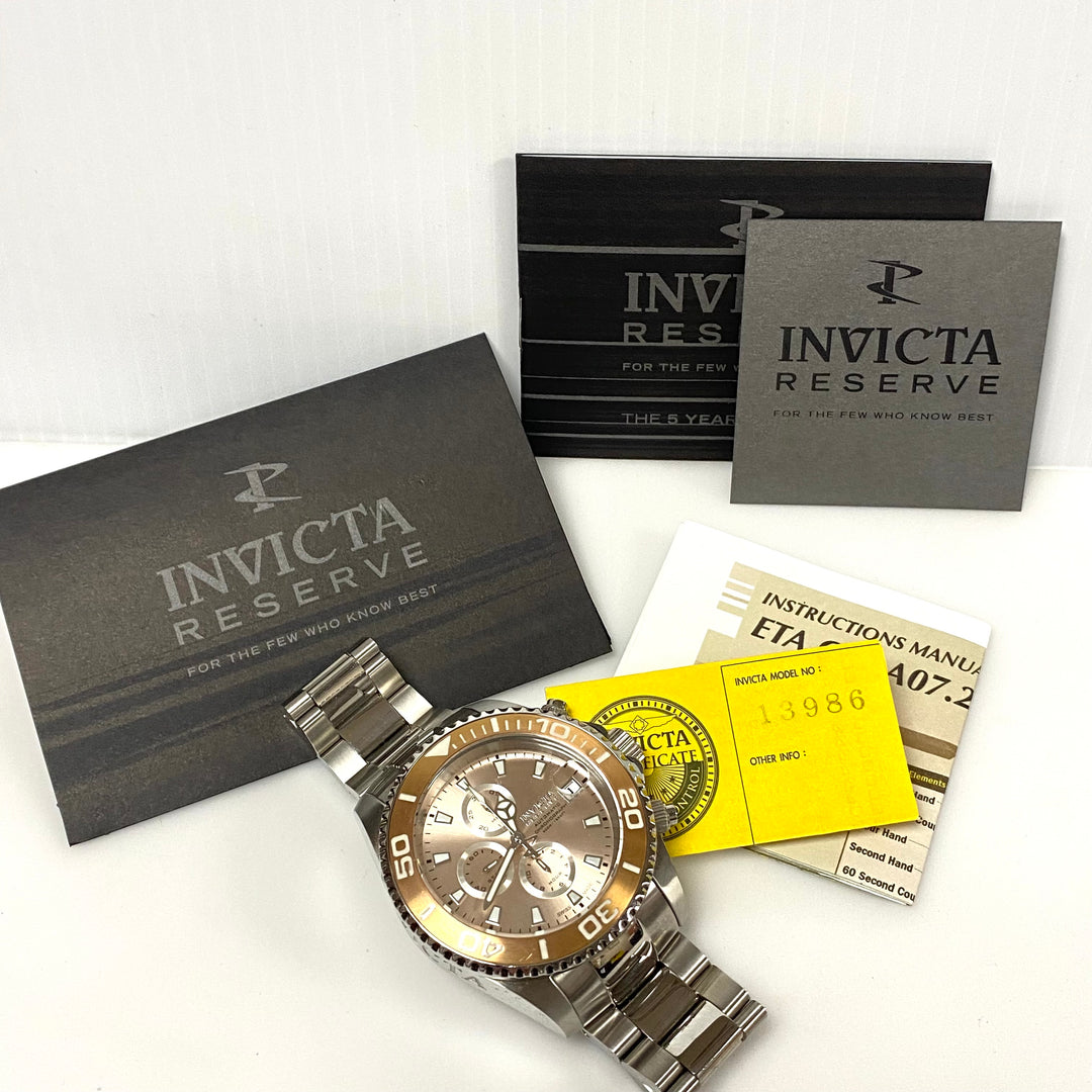 v008 INVICTA Reserve Pro-Diver 500m WR Stainless Steel Champagne Dial Men's Wrist Watch #13986 Flame-Fusion Crystal +Box