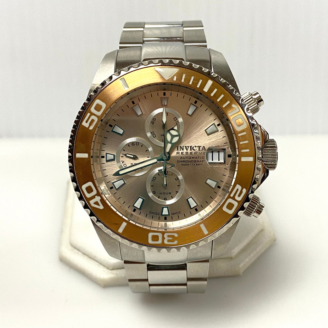 v008 INVICTA Reserve Pro-Diver 500m WR Stainless Steel Champagne Dial Men's Wrist Watch #13986 Flame-Fusion Crystal +Box