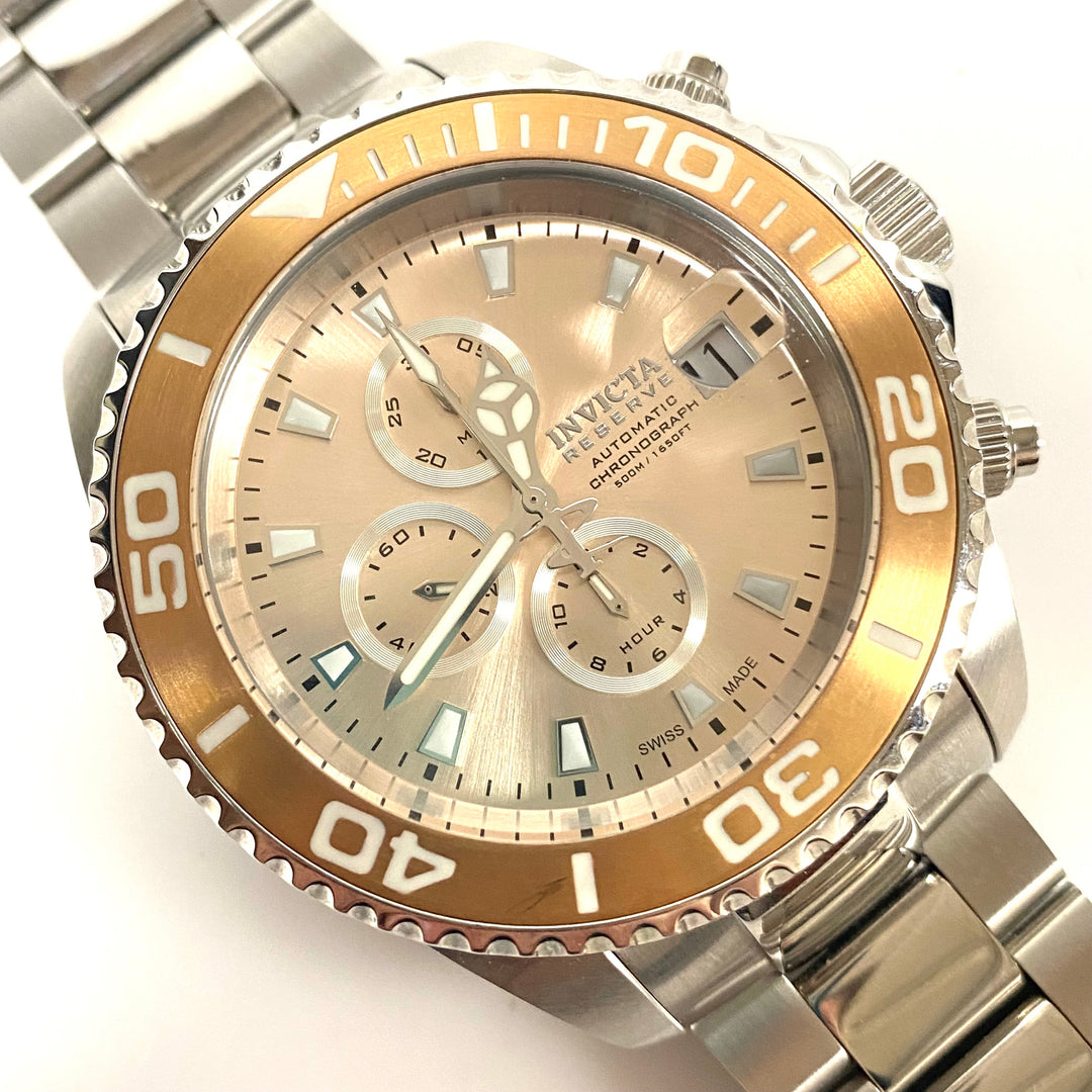 v008 INVICTA Reserve Pro-Diver 500m WR Stainless Steel Champagne Dial Men's Wrist Watch #13986 Flame-Fusion Crystal +Box