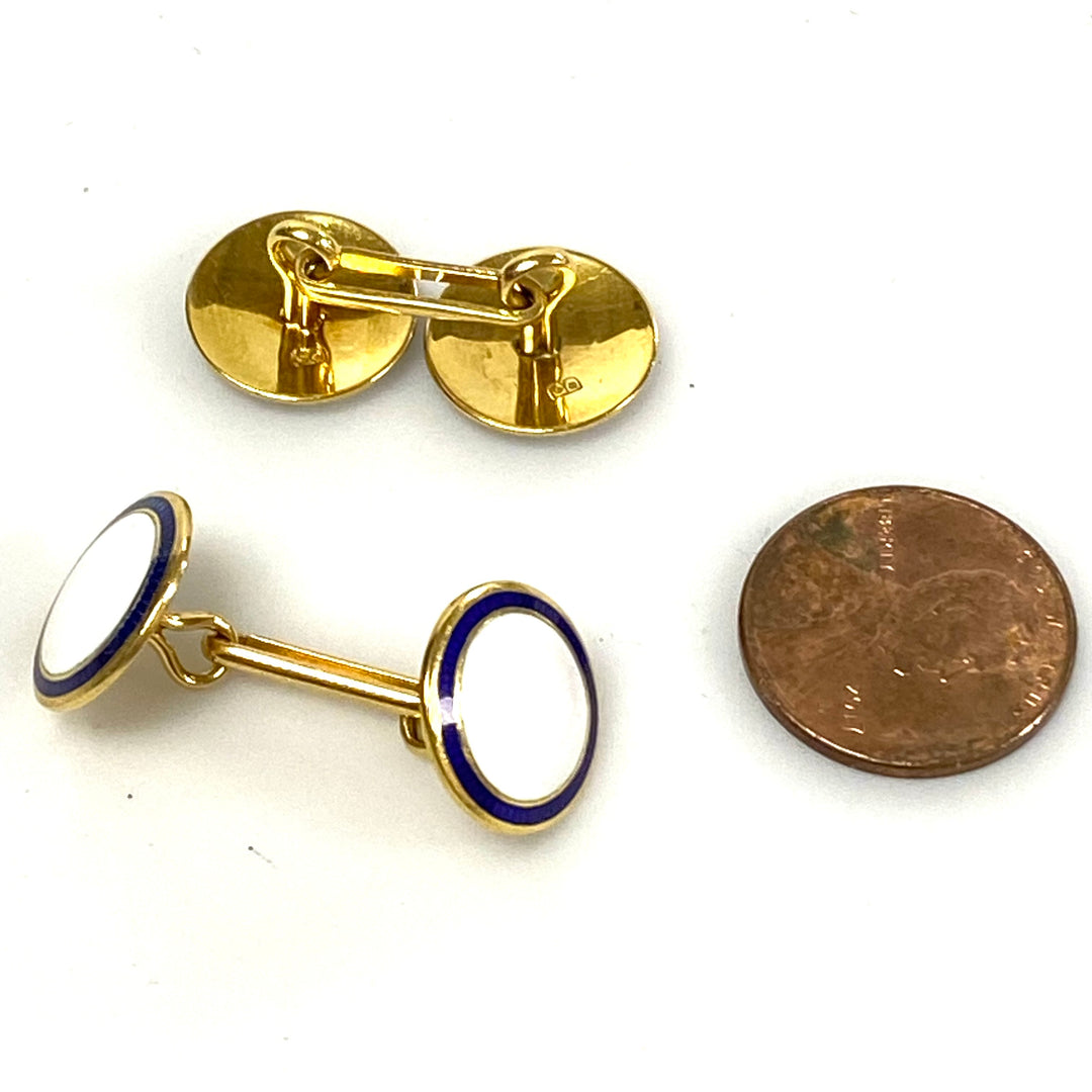 v030 Vintage 18k Yellow Gold Enamel Inlaid Men's Cufflinks