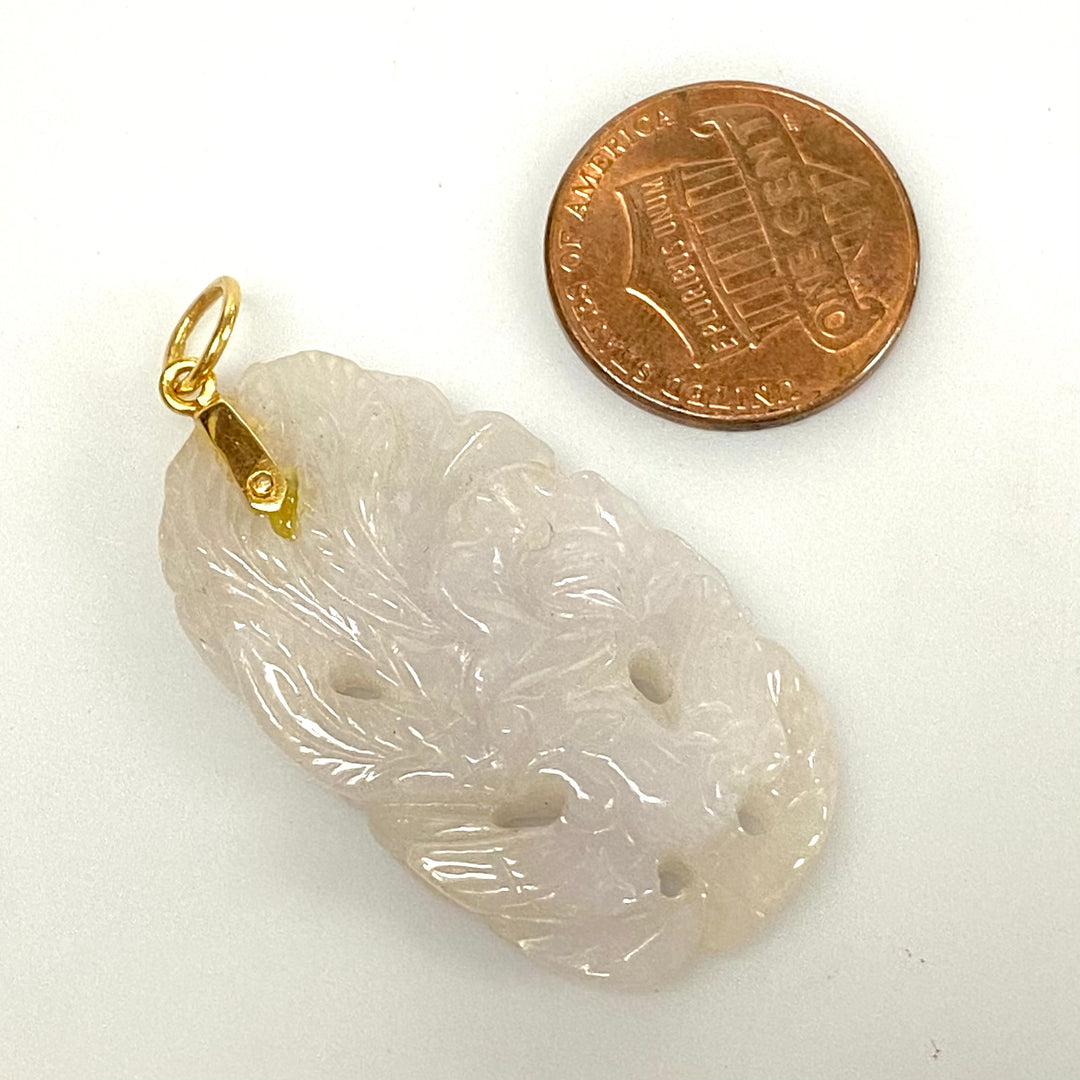 v045 Vintage 14k Yellow Gold Carved Floral White Jade Pendant Charm
