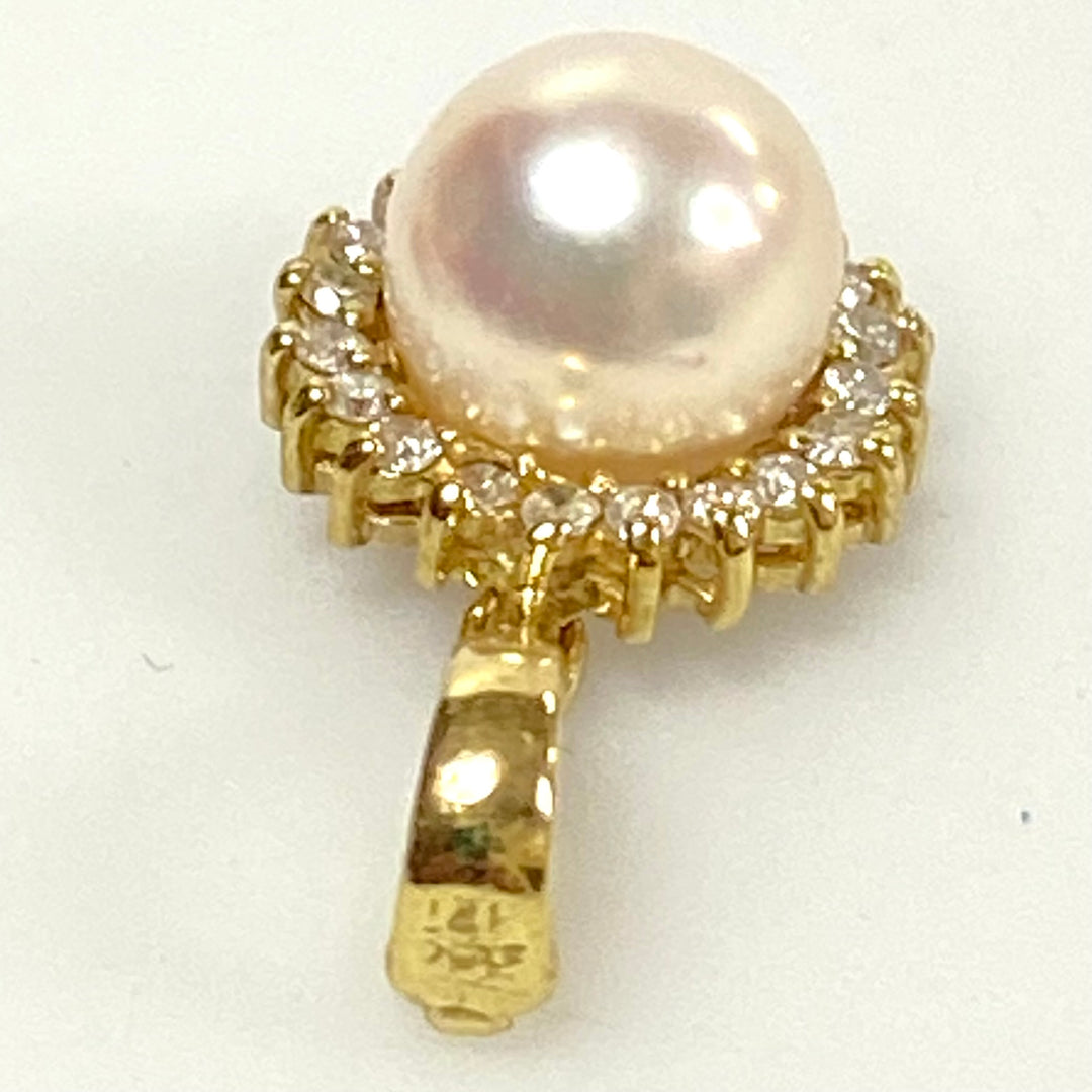 v046 Vintage 14k Yellow Gold Pearl Pendant Charm with 0.10cts Diamonds