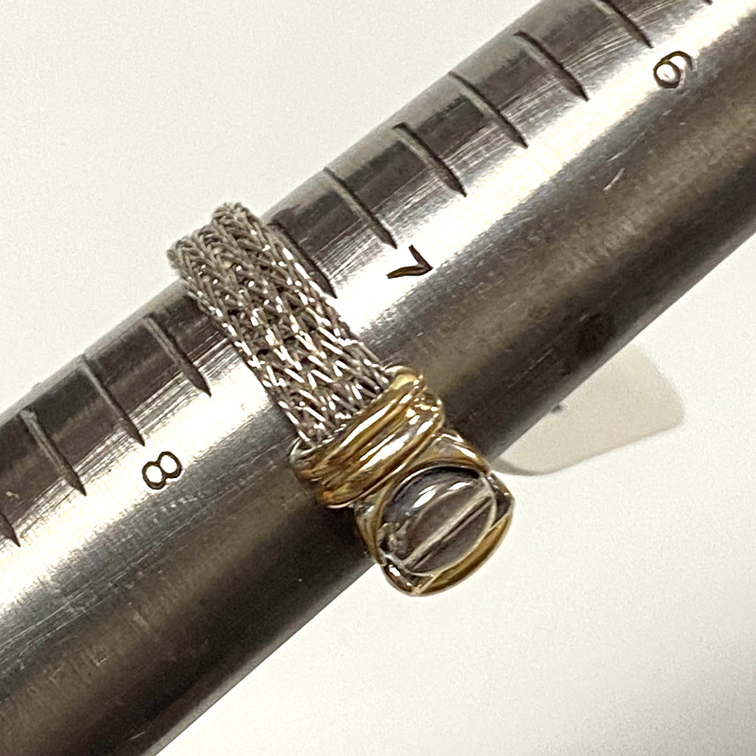 v050 Vintage 14K White Yellow Gold Flexible Mesh Chain Band Ring Size 7.5