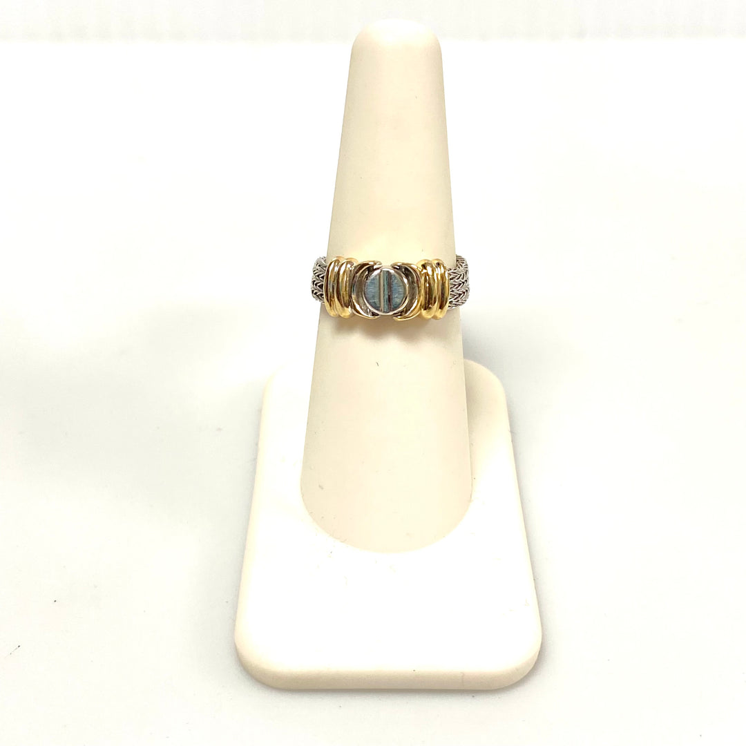 v050 Vintage 14K White Yellow Gold Flexible Mesh Chain Band Ring Size 7.5
