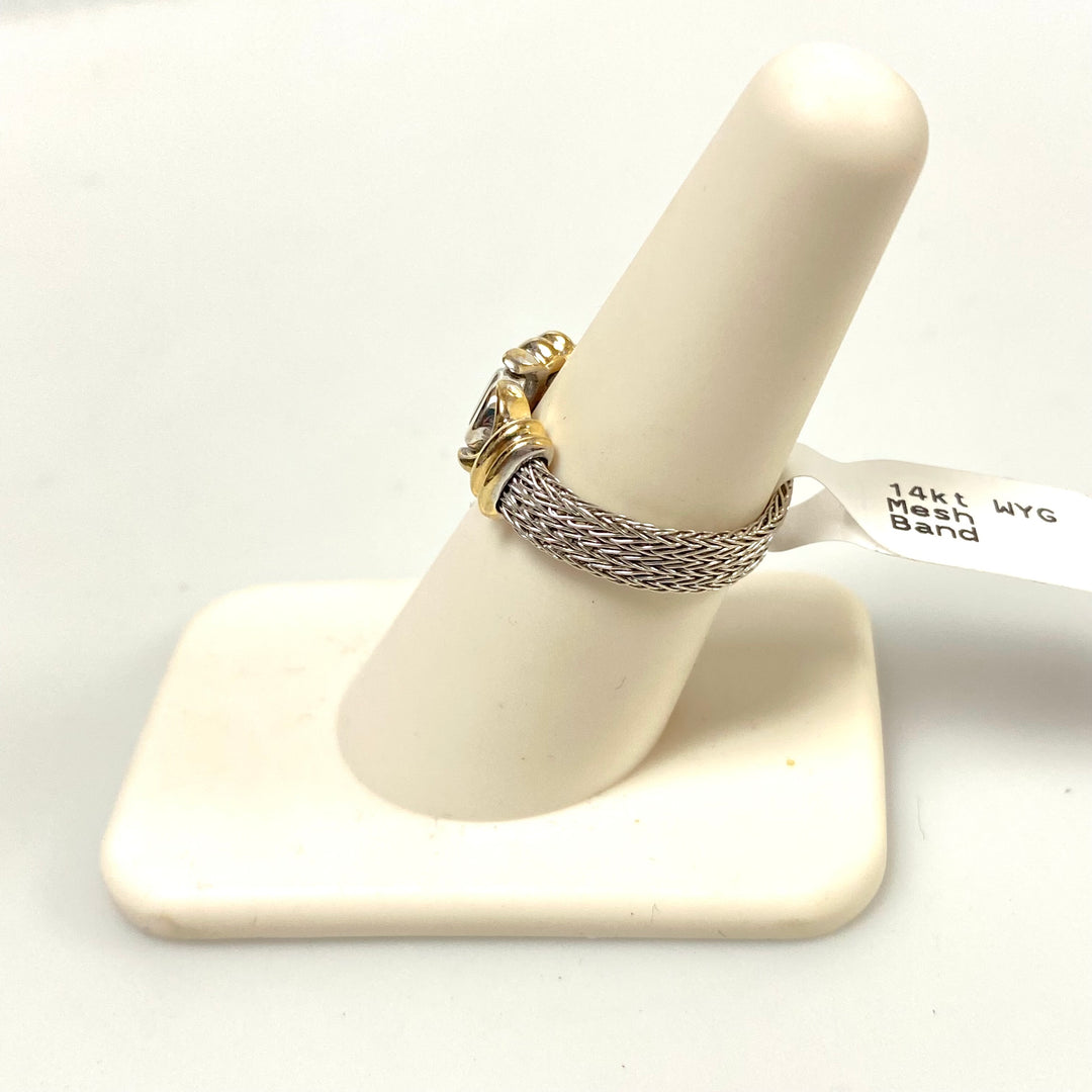 v050 Vintage 14K White Yellow Gold Flexible Mesh Chain Band Ring Size 7.5