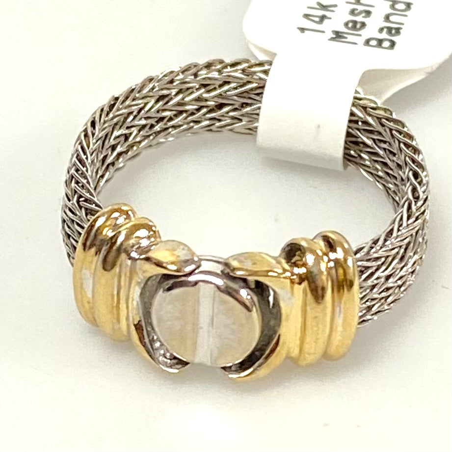v050 Vintage 14K White Yellow Gold Flexible Mesh Chain Band Ring Size 7.5
