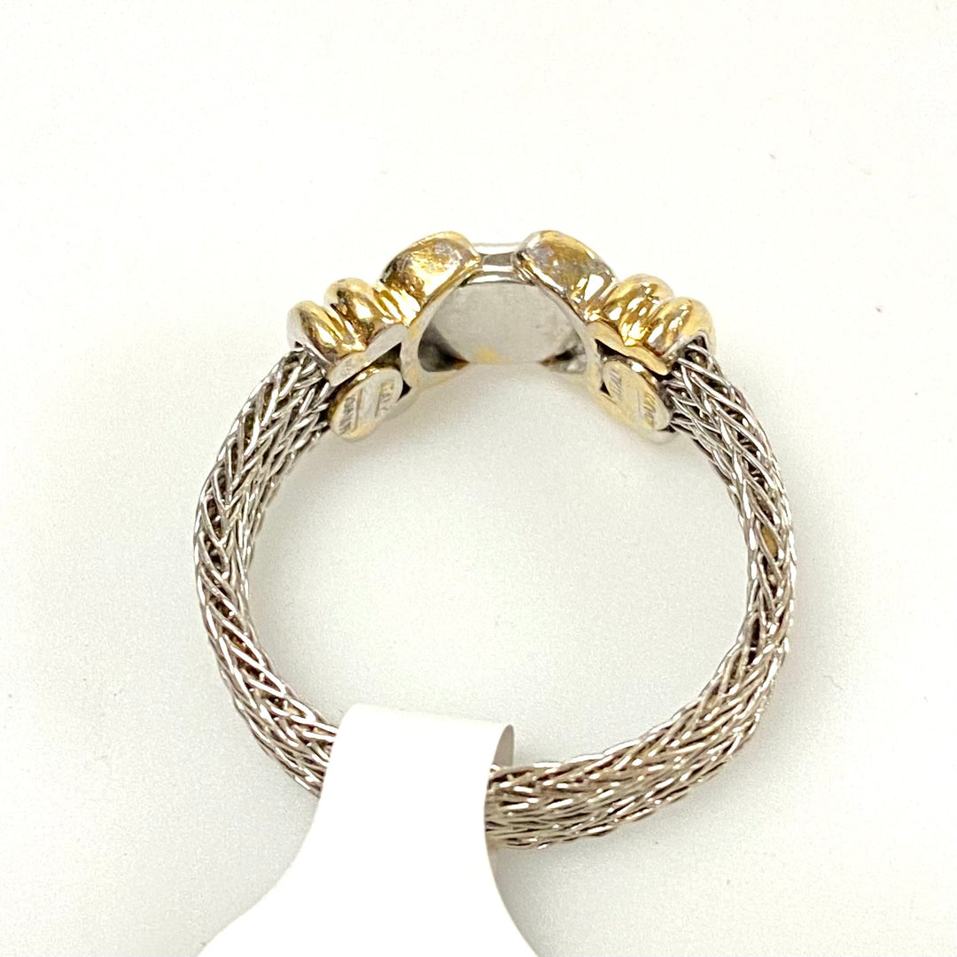 v050 Vintage 14K White Yellow Gold Flexible Mesh Chain Band Ring Size 7.5