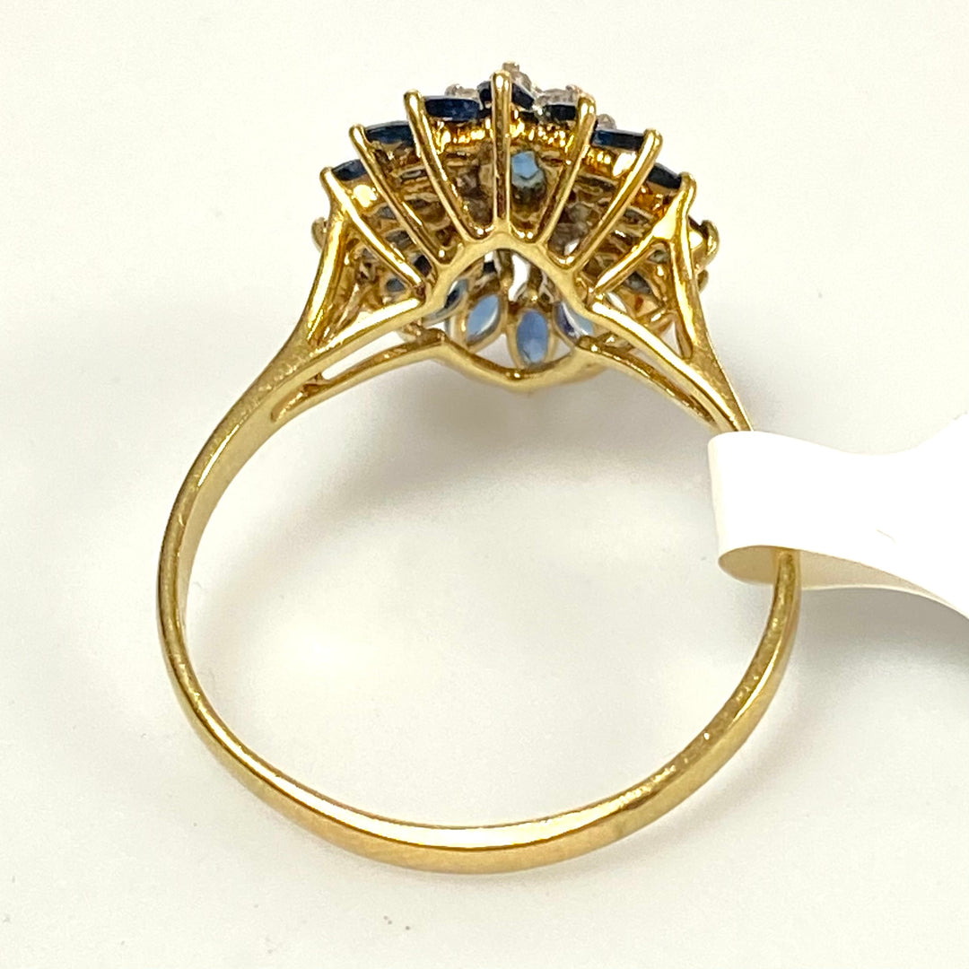 v052 Vintage 14K Yellow Gold Blue Sapphire White Diamond .12cts Ring Size 10.25