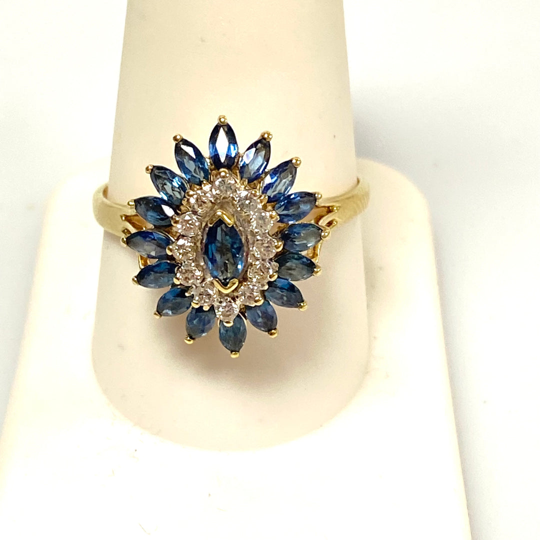 v052 Vintage 14K Yellow Gold Blue Sapphire White Diamond .12cts Ring Size 10.25