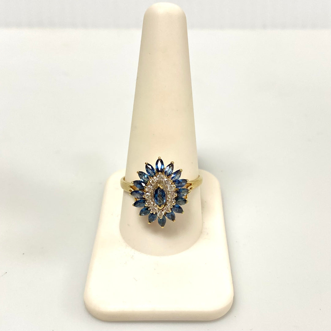 v052 Vintage 14K Yellow Gold Blue Sapphire White Diamond .12cts Ring Size 10.25