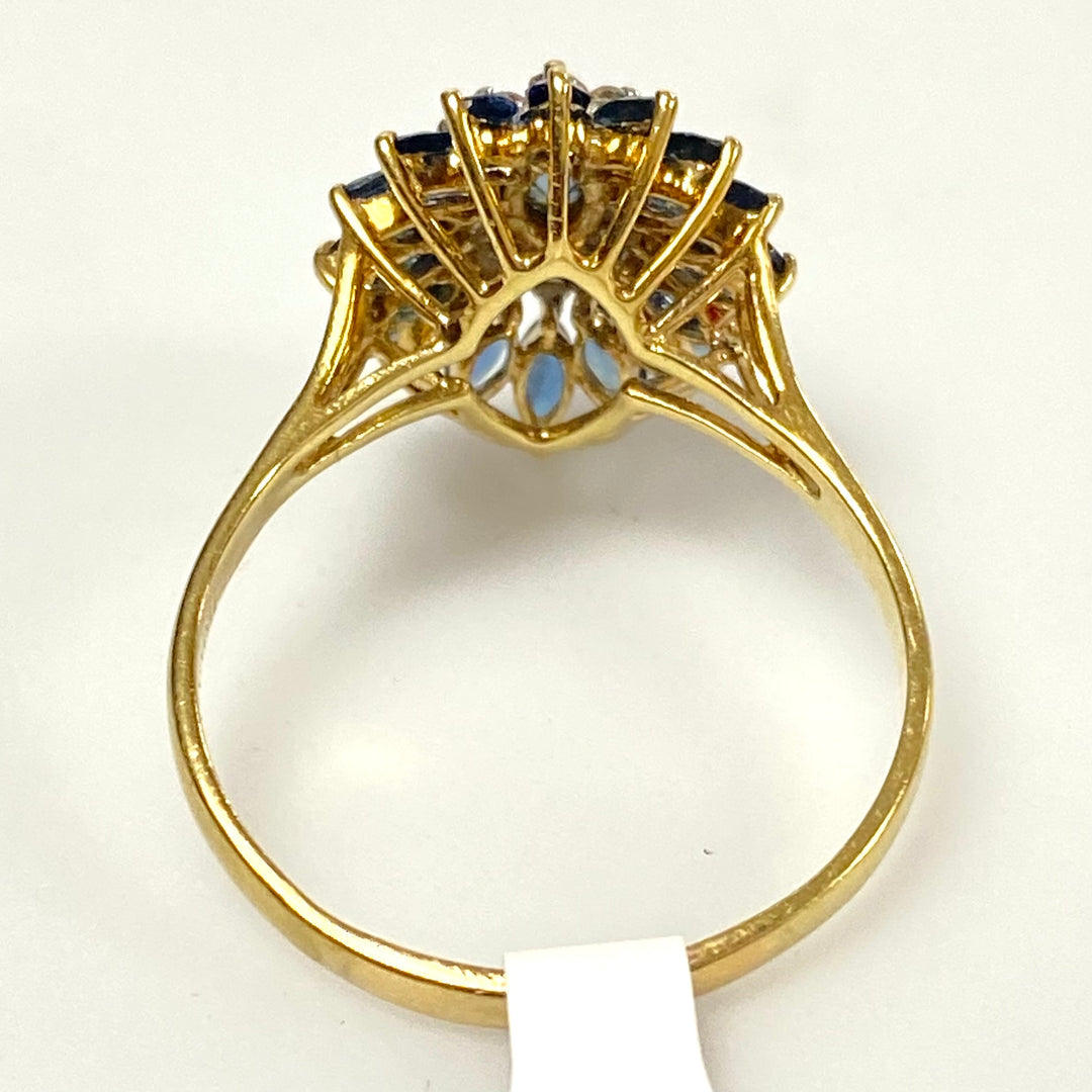 v052 Vintage 14K Yellow Gold Blue Sapphire White Diamond .12cts Ring Size 10.25