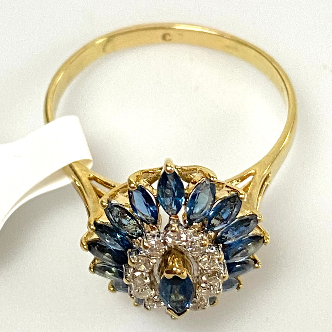 v052 Vintage 14K Yellow Gold Blue Sapphire White Diamond .12cts Ring Size 10.25