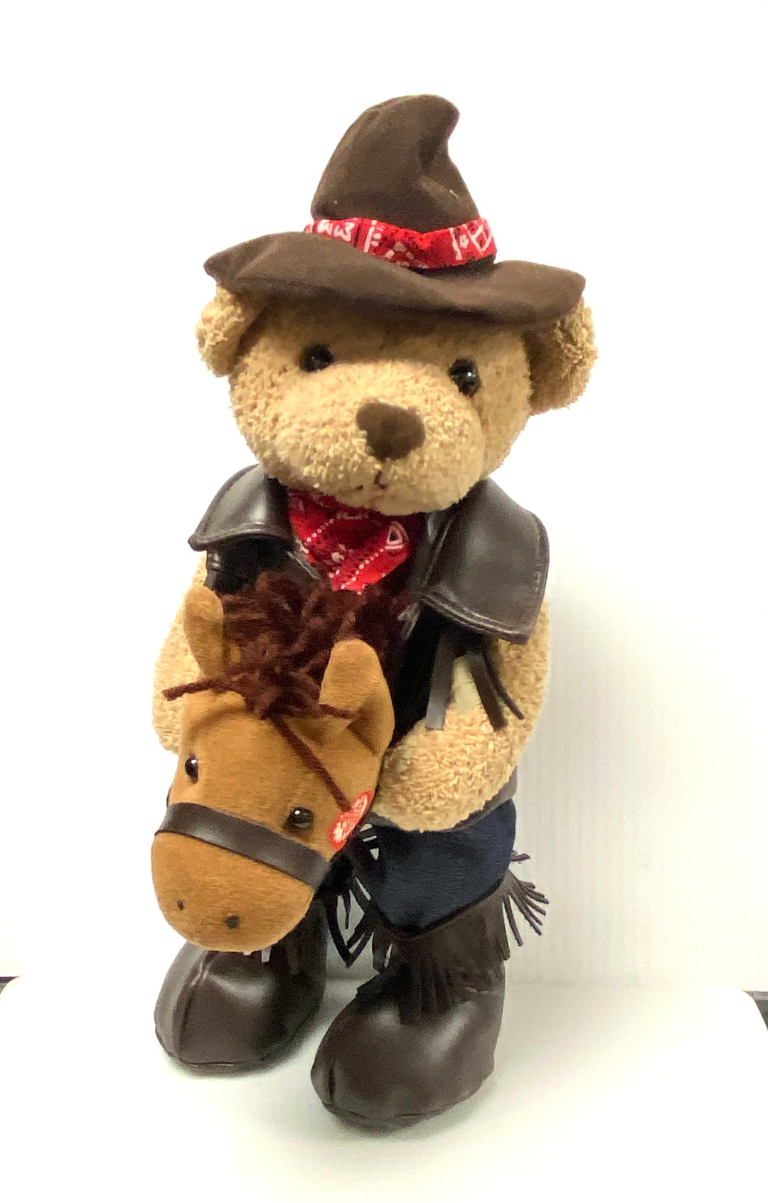 v054 Vintage Burton Plush Cowboy Bear With Stick Horse Stuffed Animal Toy Collectible