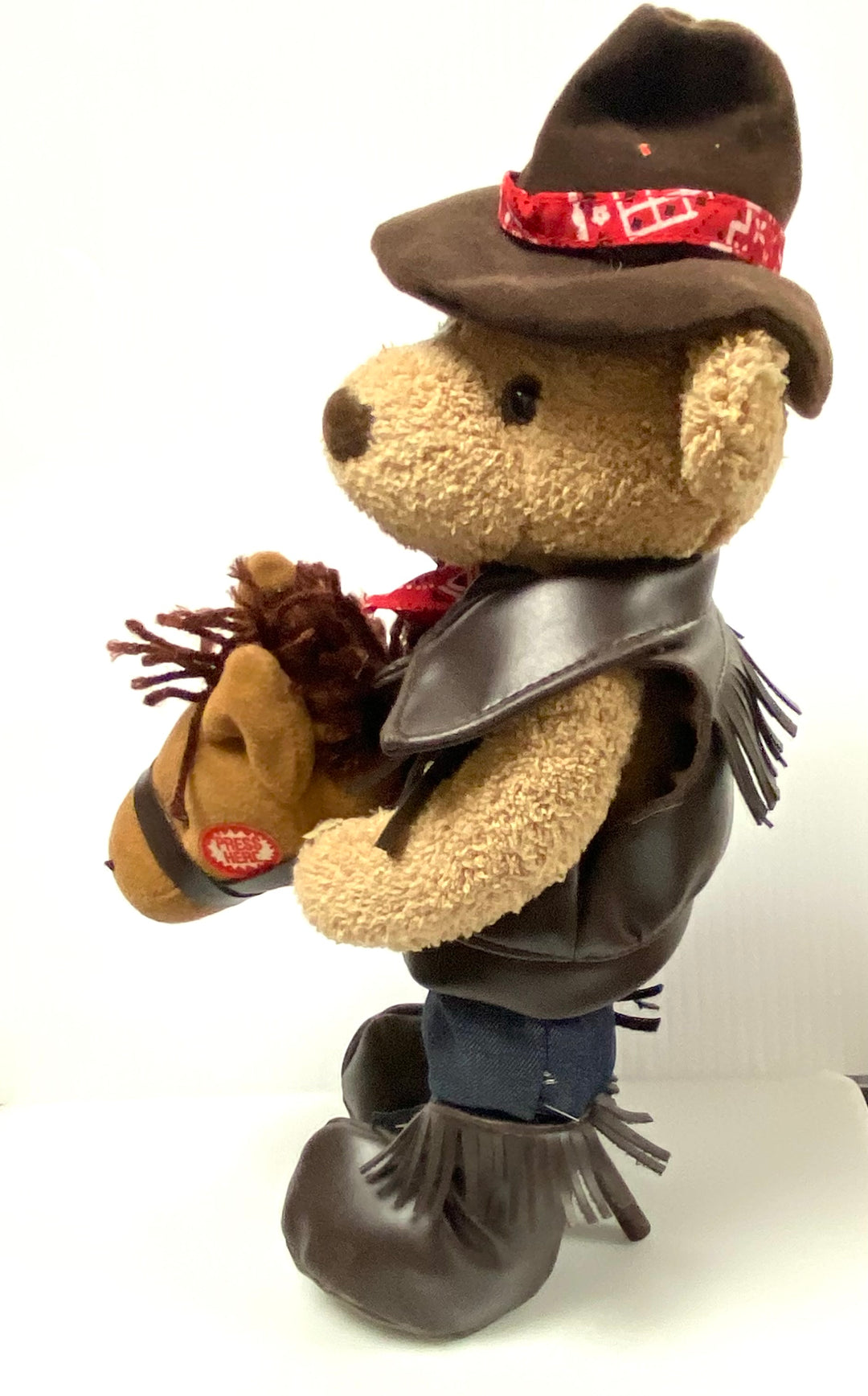 v054 Vintage Burton Plush Cowboy Bear With Stick Horse Stuffed Animal Toy Collectible