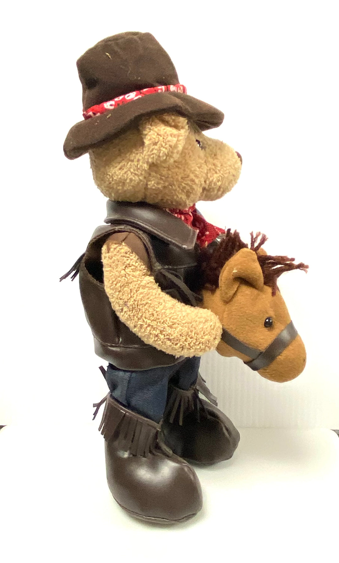 v054 Vintage Burton Plush Cowboy Bear With Stick Horse Stuffed Animal Toy Collectible