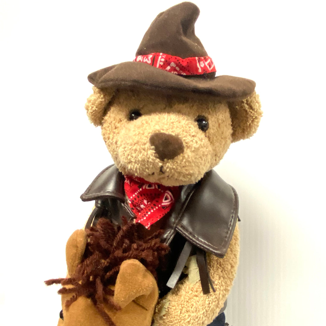 v054 Vintage Burton Plush Cowboy Bear With Stick Horse Stuffed Animal Toy Collectible