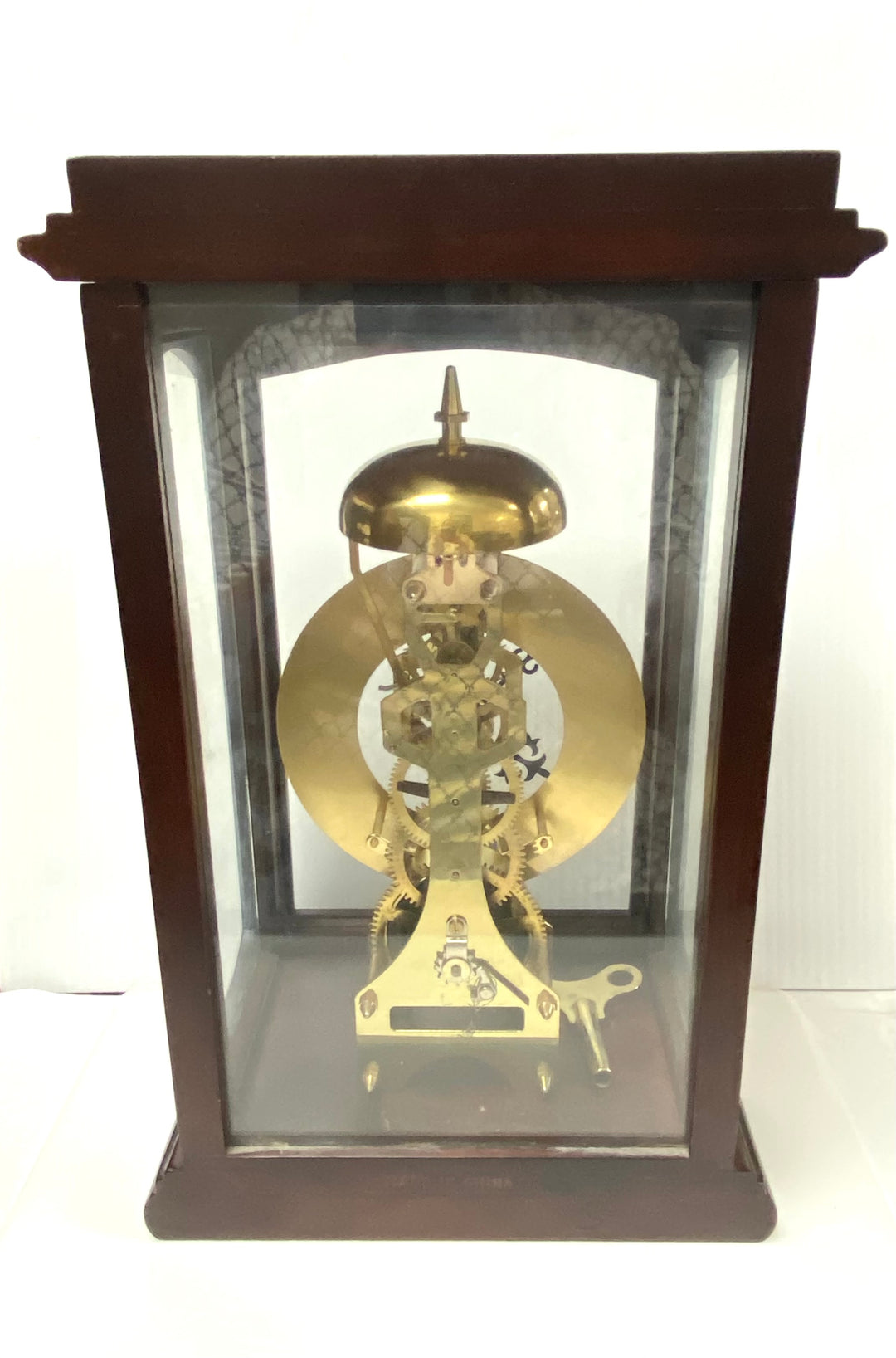 v057 Vintage Desk Mantel Clock Glass Brown Wood Gold Tone