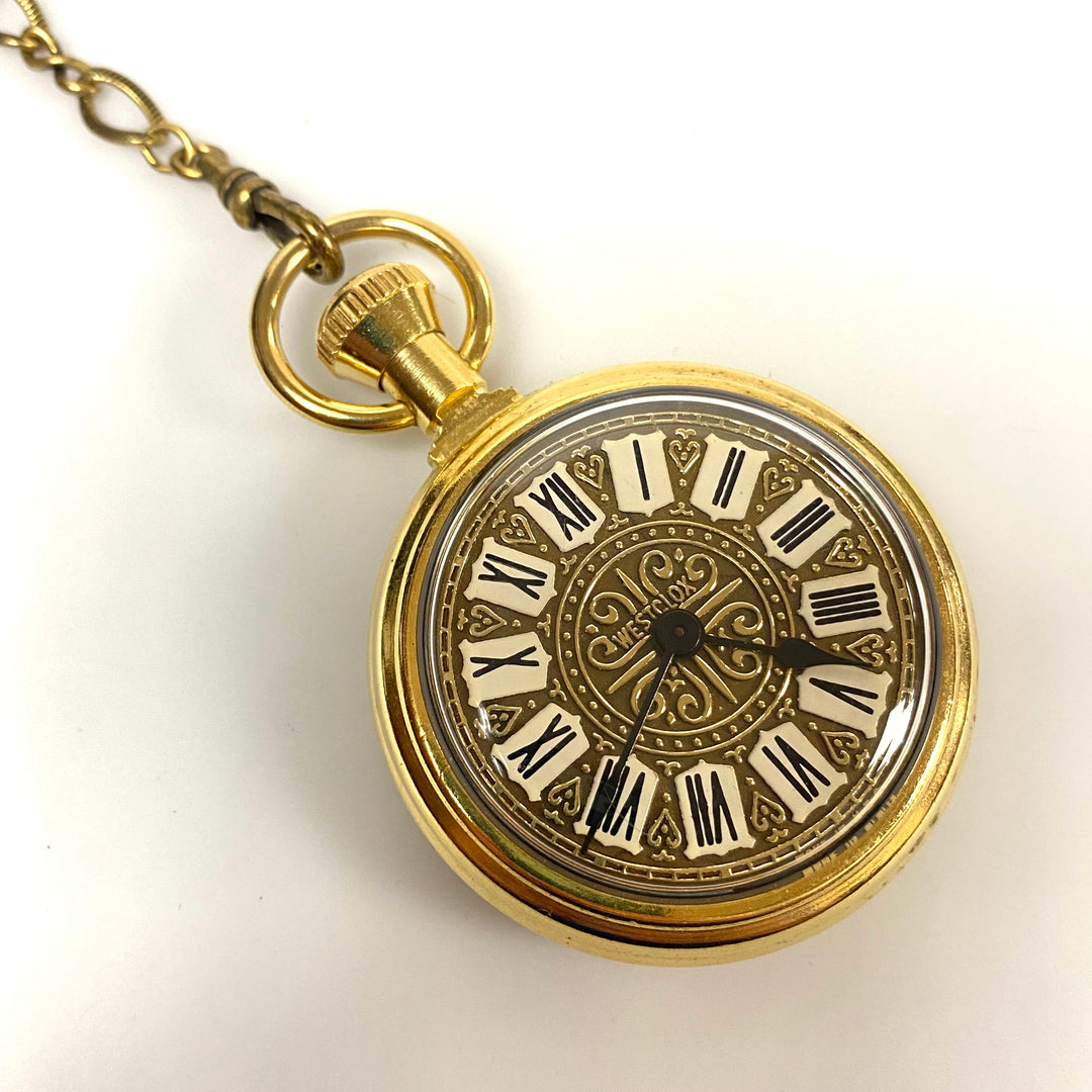v062 Vintage Westclox Quartz USA Gold Tone Pocket Watch on 12" PW Chain