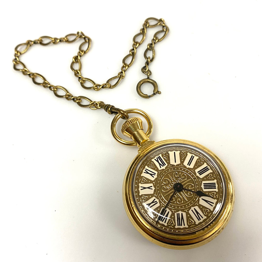 v062 Vintage Westclox Quartz USA Gold Tone Pocket Watch on 12" PW Chain