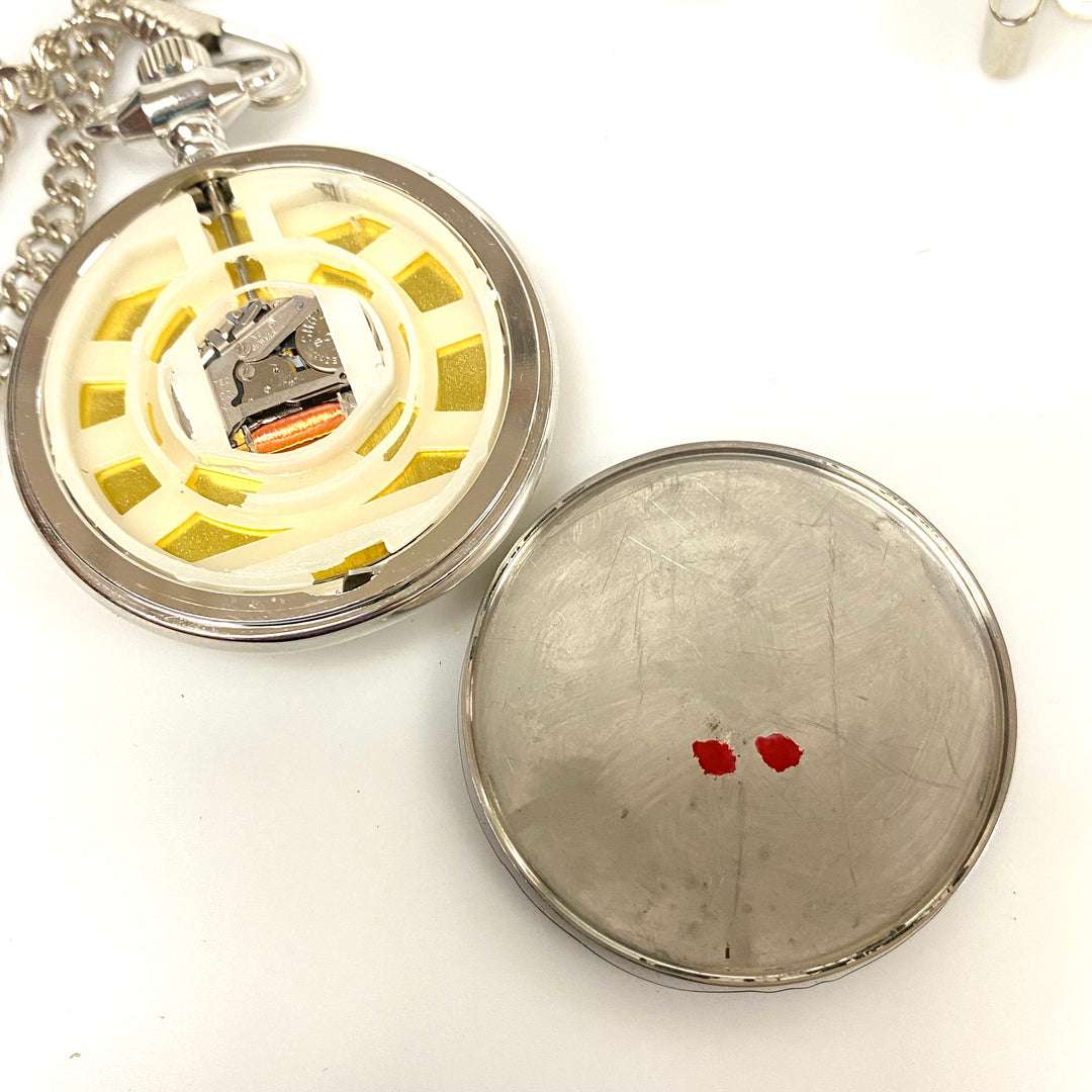 v063 Vintage Miyota Japan Quartz Silver Gold Tone Pocket Watch on 14" PW Chain