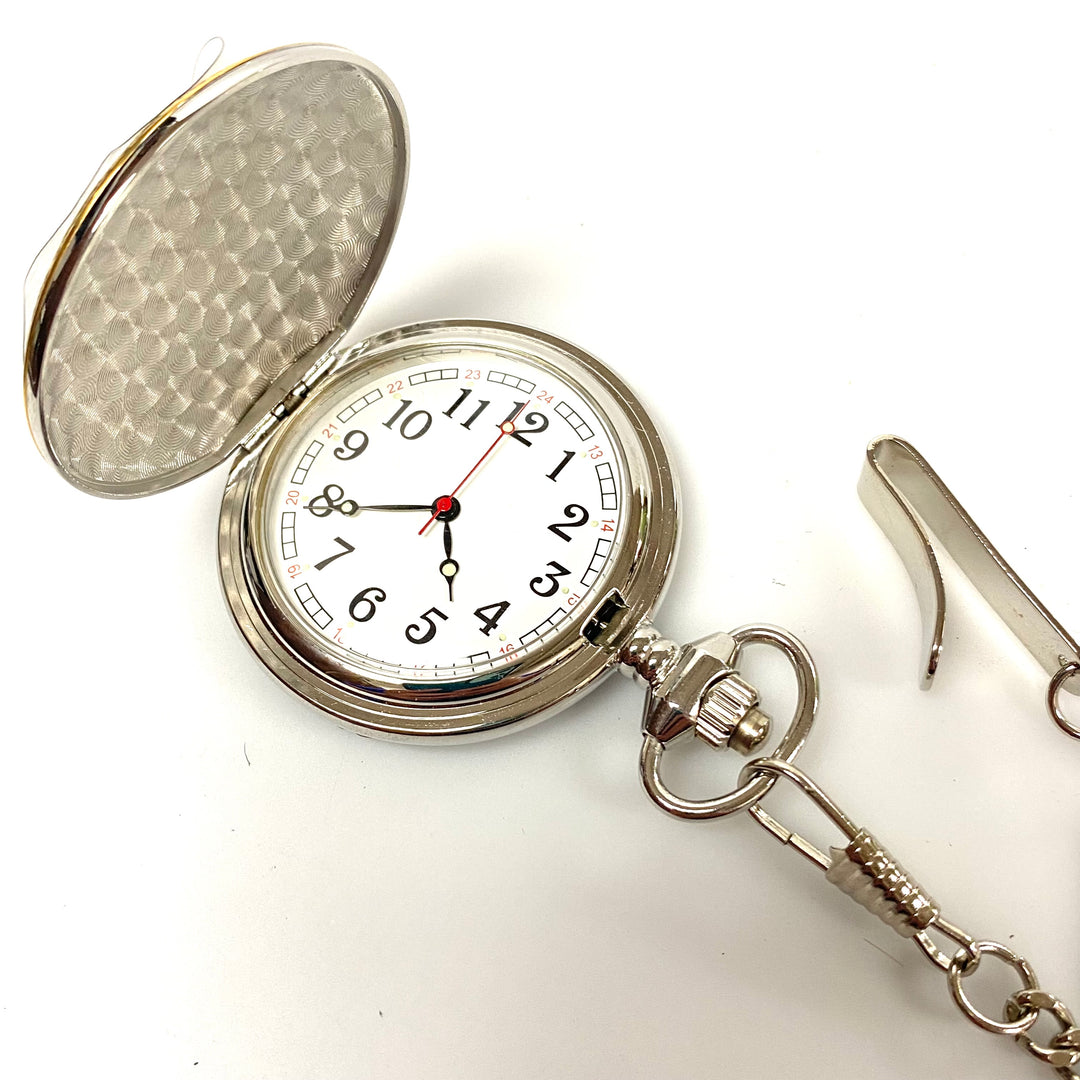 v063 Vintage Miyota Japan Quartz Silver Gold Tone Pocket Watch on 14" PW Chain