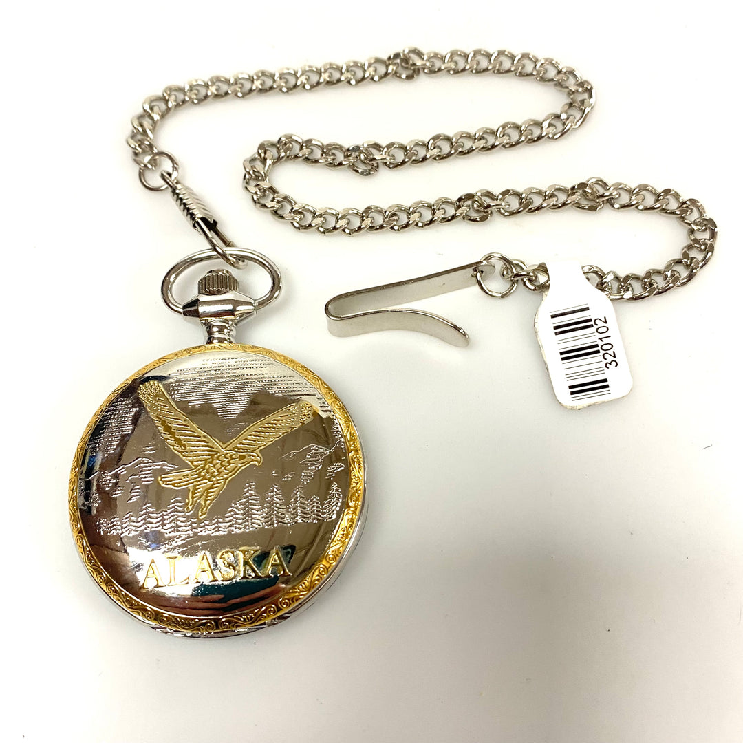 v063 Vintage Miyota Japan Quartz Silver Gold Tone Pocket Watch on 14" PW Chain