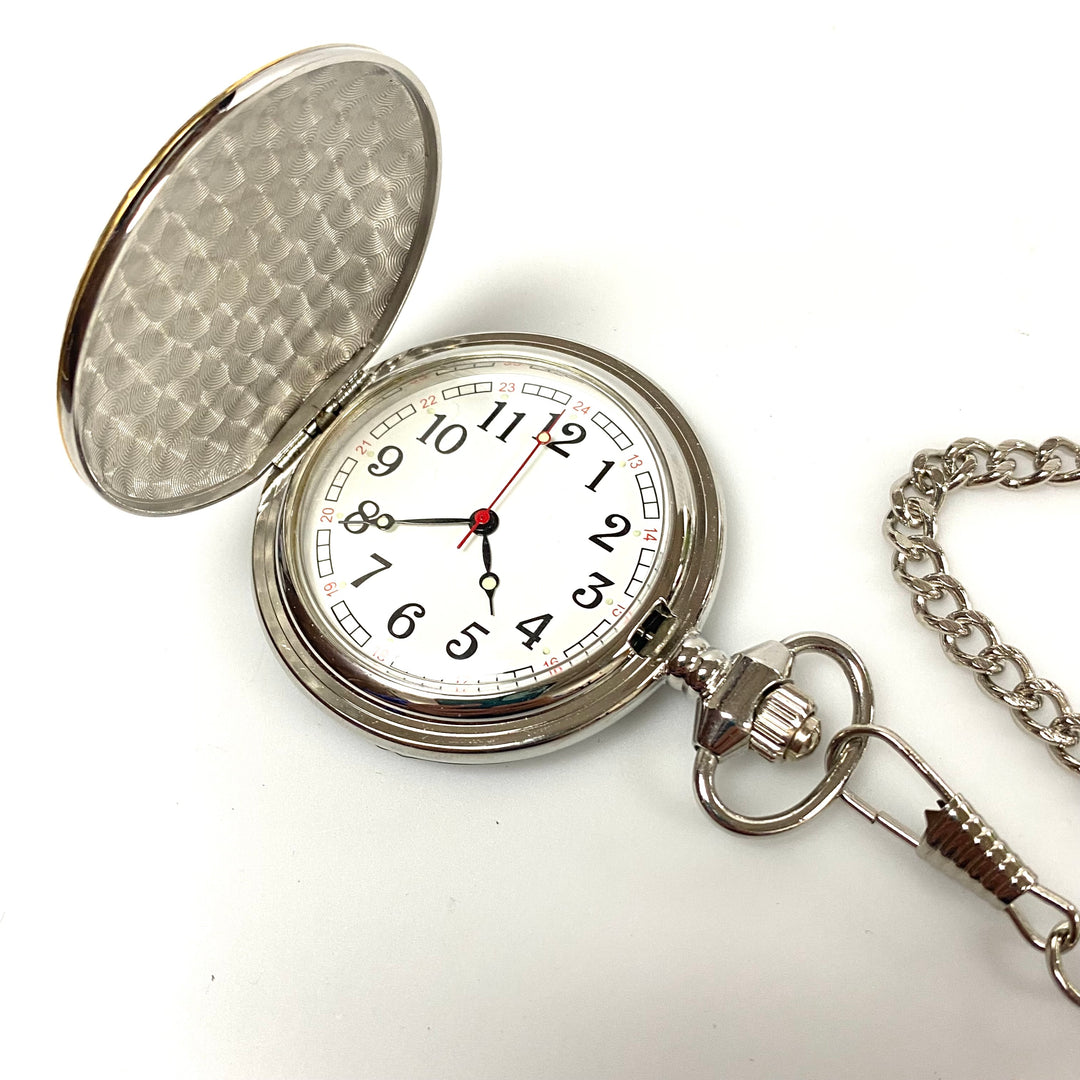 v063 Vintage Miyota Japan Quartz Silver Gold Tone Pocket Watch on 14" PW Chain