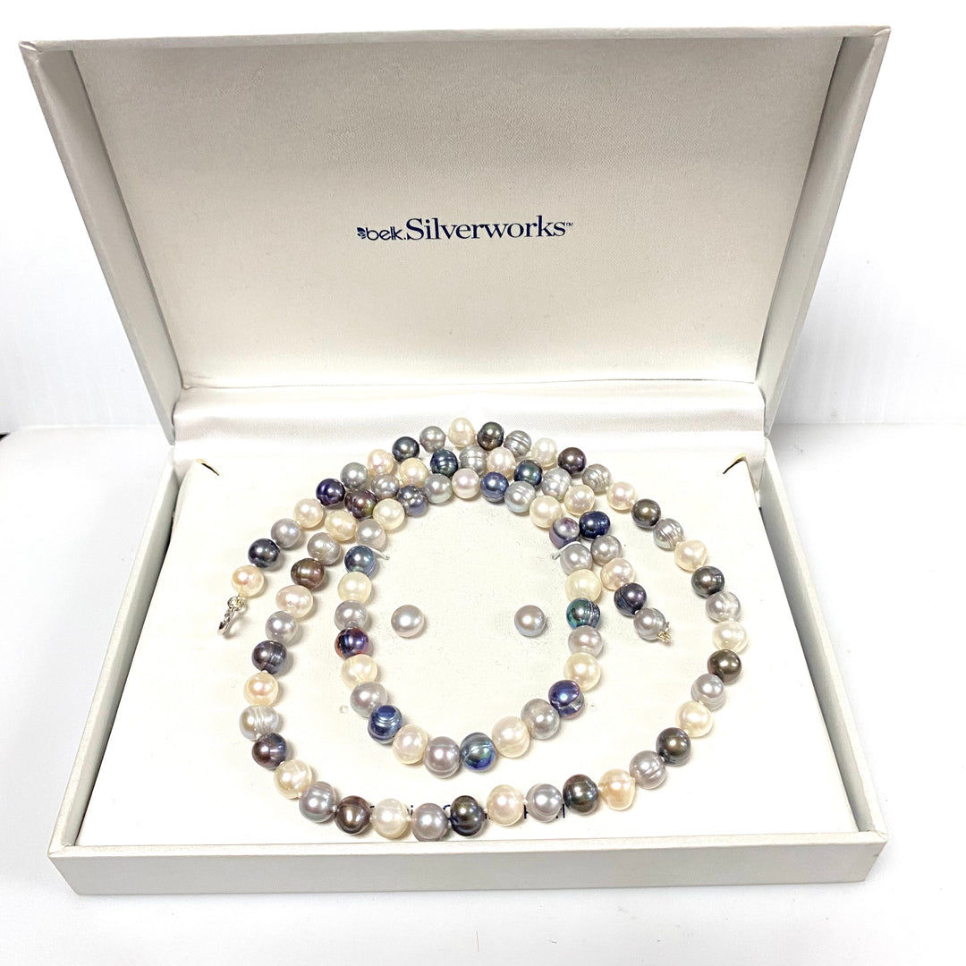 v079 Vintage Belk Silverworks Genuine Cultured Pearl Necklace Bracelet Earrings Set