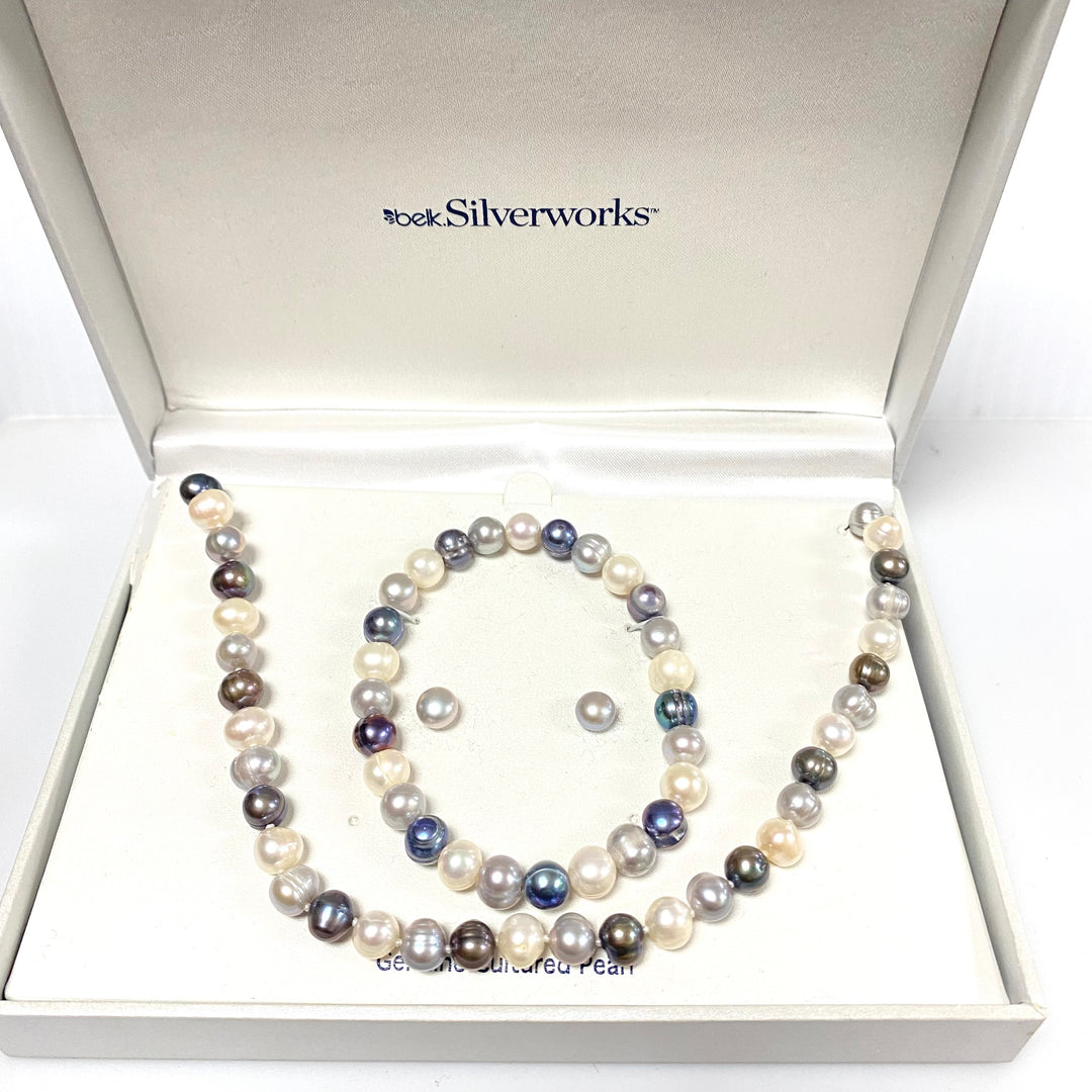 v079 Vintage Belk Silverworks Genuine Cultured Pearl Necklace Bracelet Earrings Set