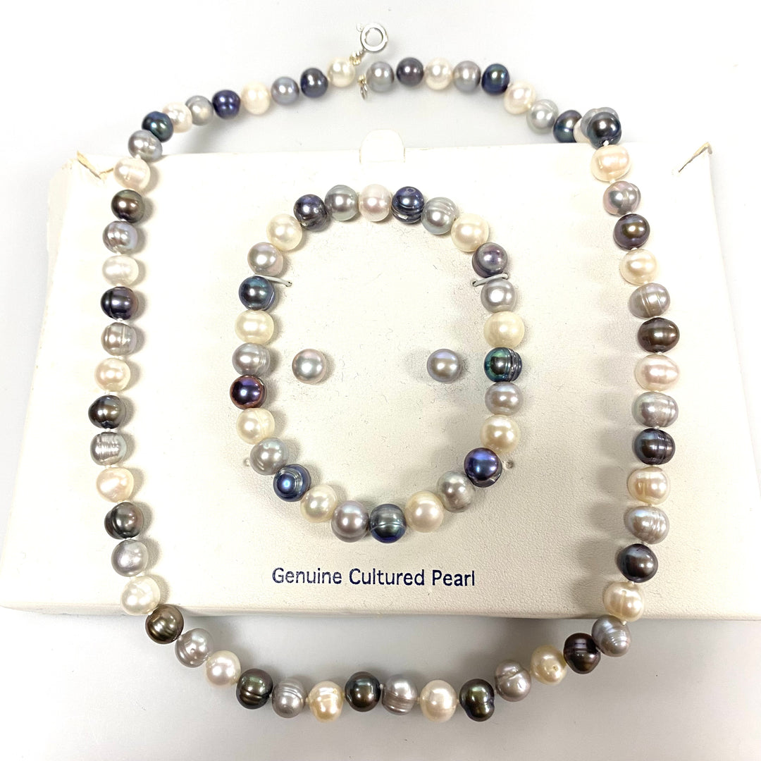 v079 Vintage Belk Silverworks Genuine Cultured Pearl Necklace Bracelet Earrings Set