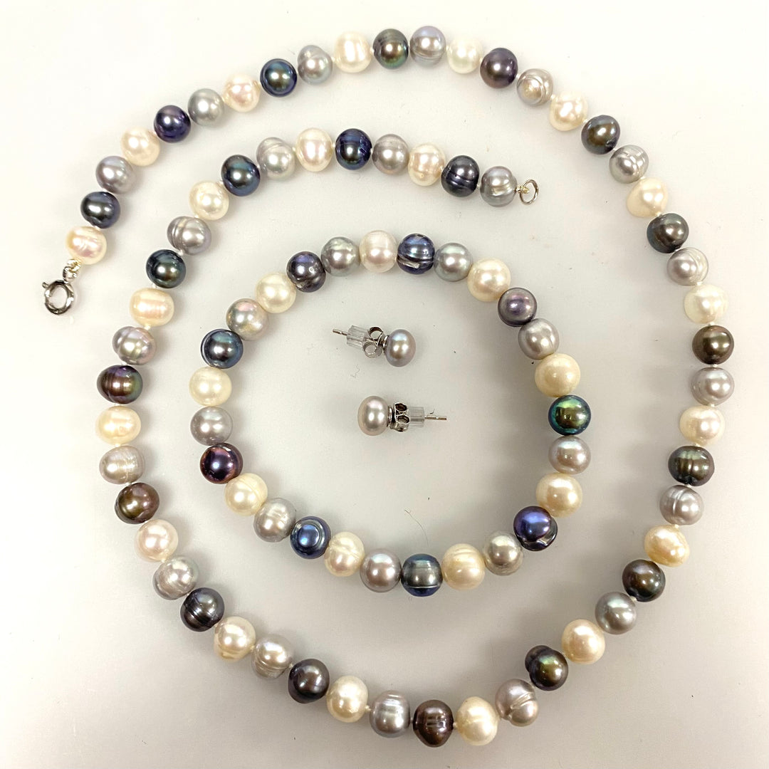 v079 Vintage Belk Silverworks Genuine Cultured Pearl Necklace Bracelet Earrings Set