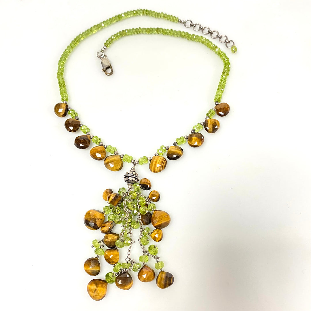 v082 Vintage Peridot Yellow Tigers Eye Gemstones Silver Necklace Cluster Pendant