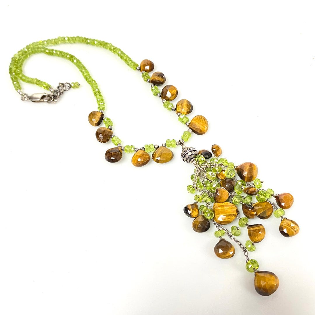 v082 Vintage Peridot Yellow Tigers Eye Gemstones Silver Necklace Cluster Pendant