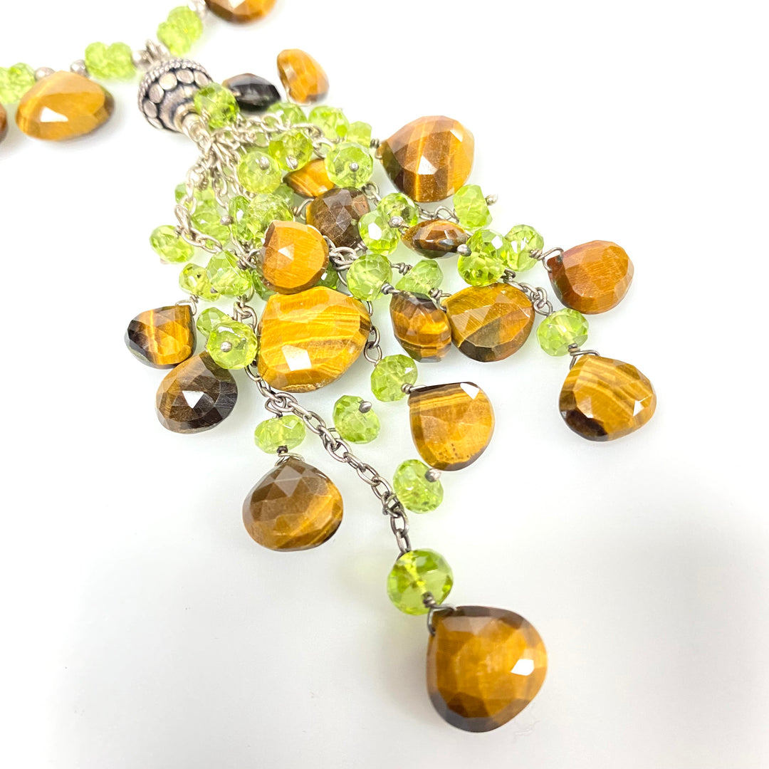 v082 Vintage Peridot Yellow Tigers Eye Gemstones Silver Necklace Cluster Pendant