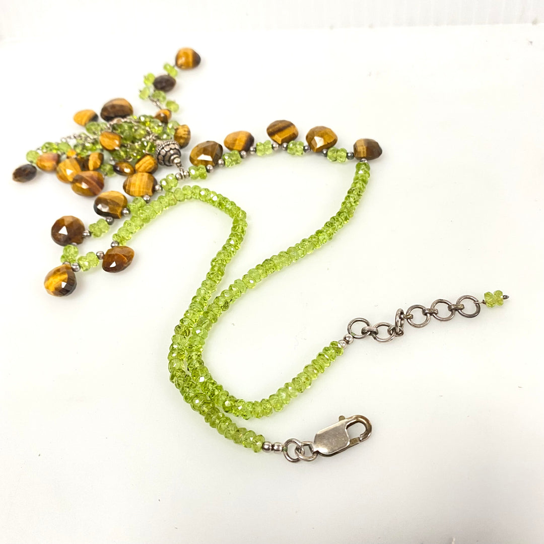 v082 Vintage Peridot Yellow Tigers Eye Gemstones Silver Necklace Cluster Pendant