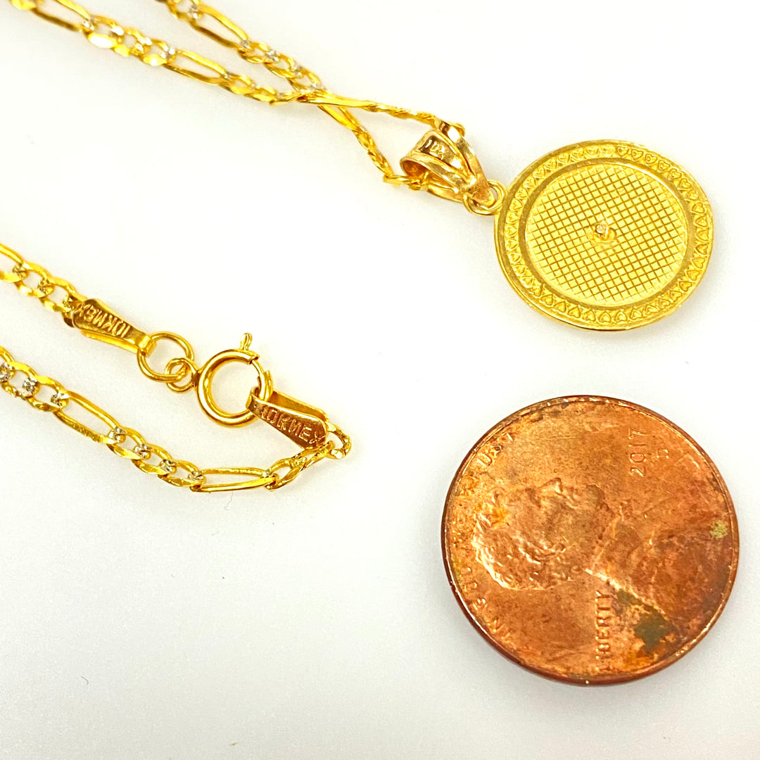 v090 Vintage 10K Yellow Gold Link Chain Necklace 16" Long Mary Religious Pendant