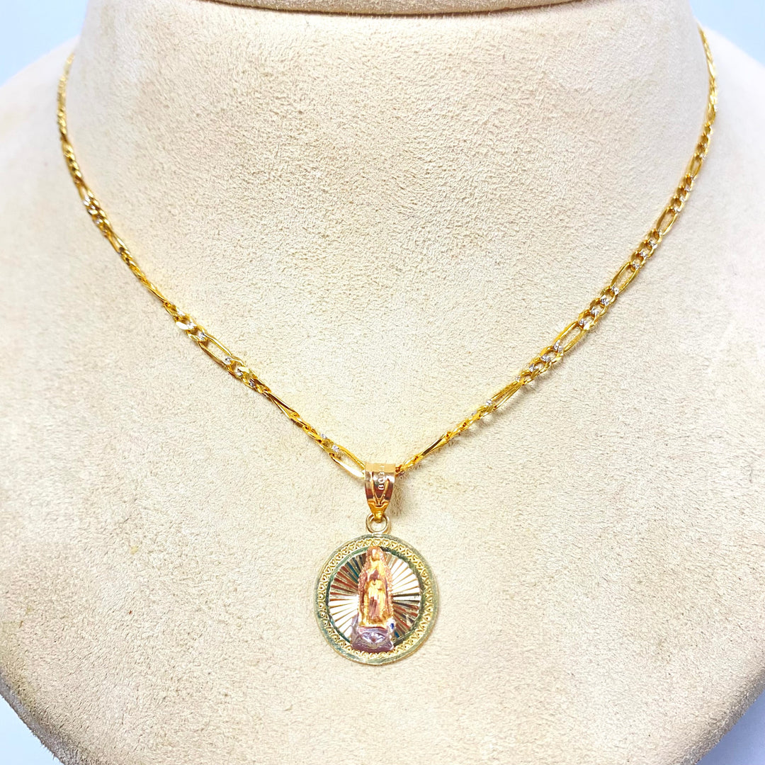 v090 Vintage 10K Yellow Gold Link Chain Necklace 16" Long Mary Religious Pendant