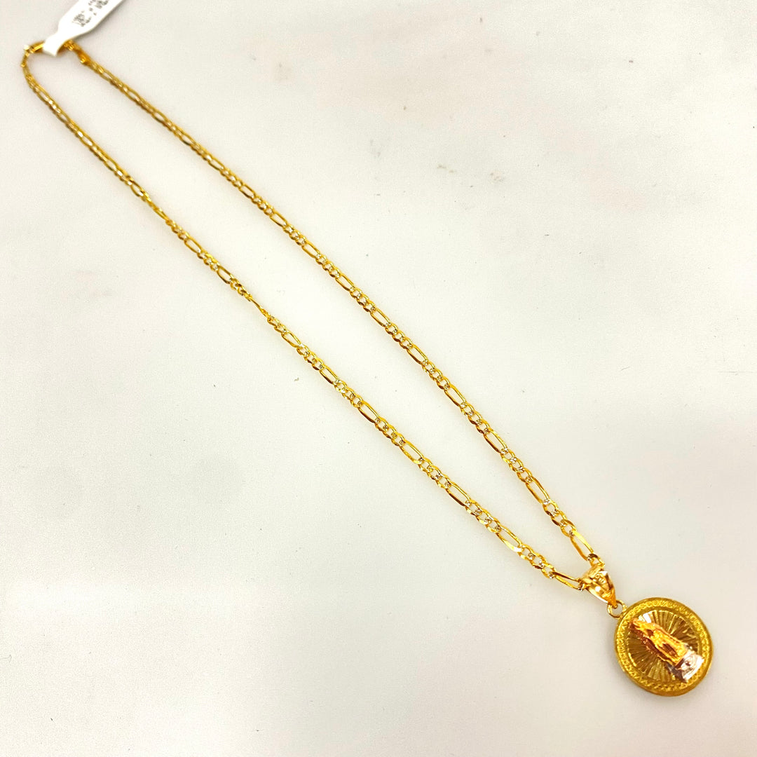 v090 Vintage 10K Yellow Gold Link Chain Necklace 16" Long Mary Religious Pendant