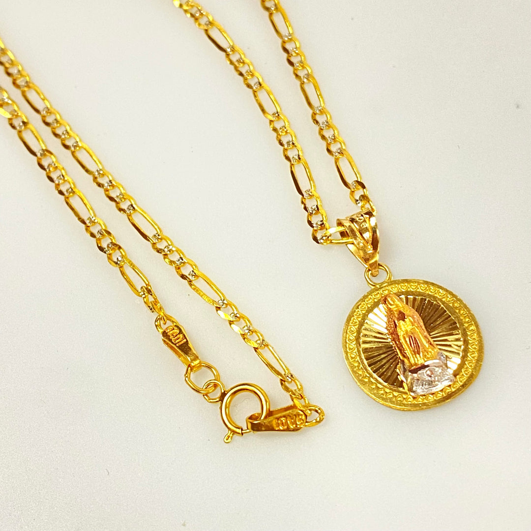 v090 Vintage 10K Yellow Gold Link Chain Necklace 16" Long Mary Religious Pendant