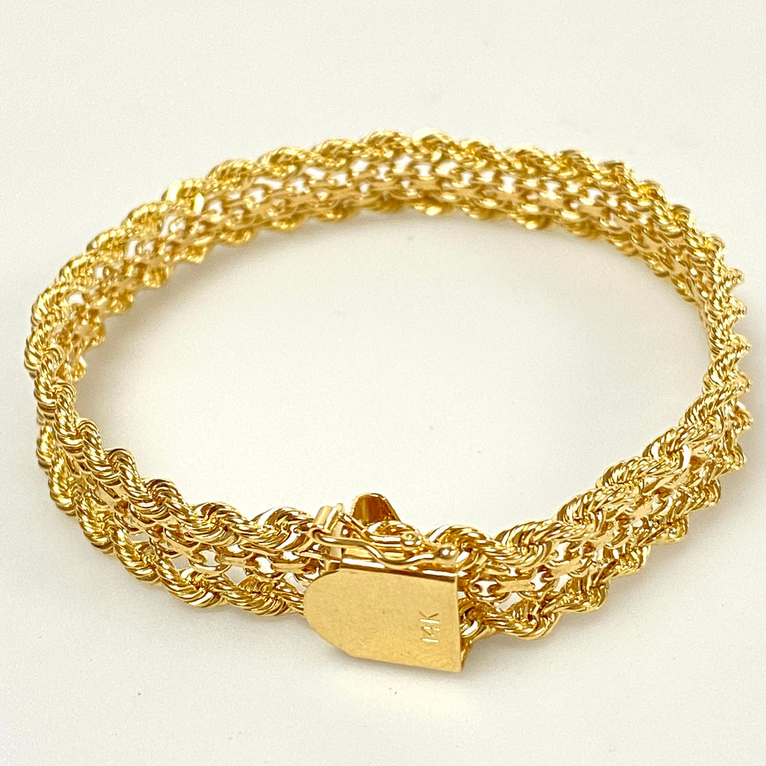 v096 Vintage 14K Yellow Gold Thick 10mm Rope & Bismark Link Chain Bracelet 7" long