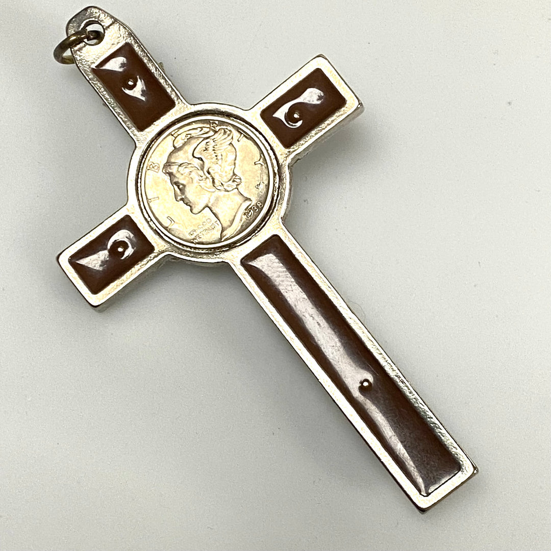 v120 Vintage Brown Enamel Silver Tone Crucifix Cross with Silver Coins