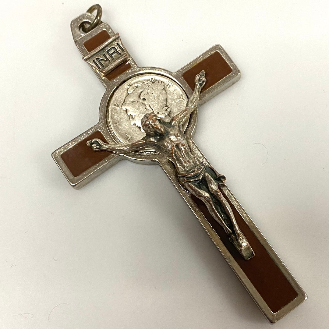 v120 Vintage Brown Enamel Silver Tone Crucifix Cross with Silver Coins