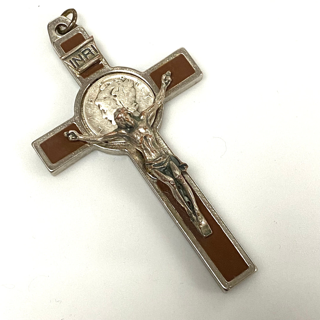 v120 Vintage Brown Enamel Silver Tone Crucifix Cross with Silver Coins